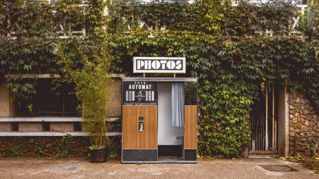 A vintage styled photo booth at a wedding